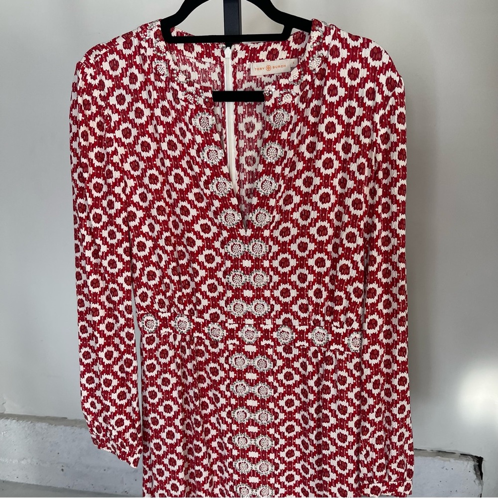 Tory Burch Red Textured Printed Long Sleeve Crystal Embellished Maxi Dress 4 - Picture 3 of 12